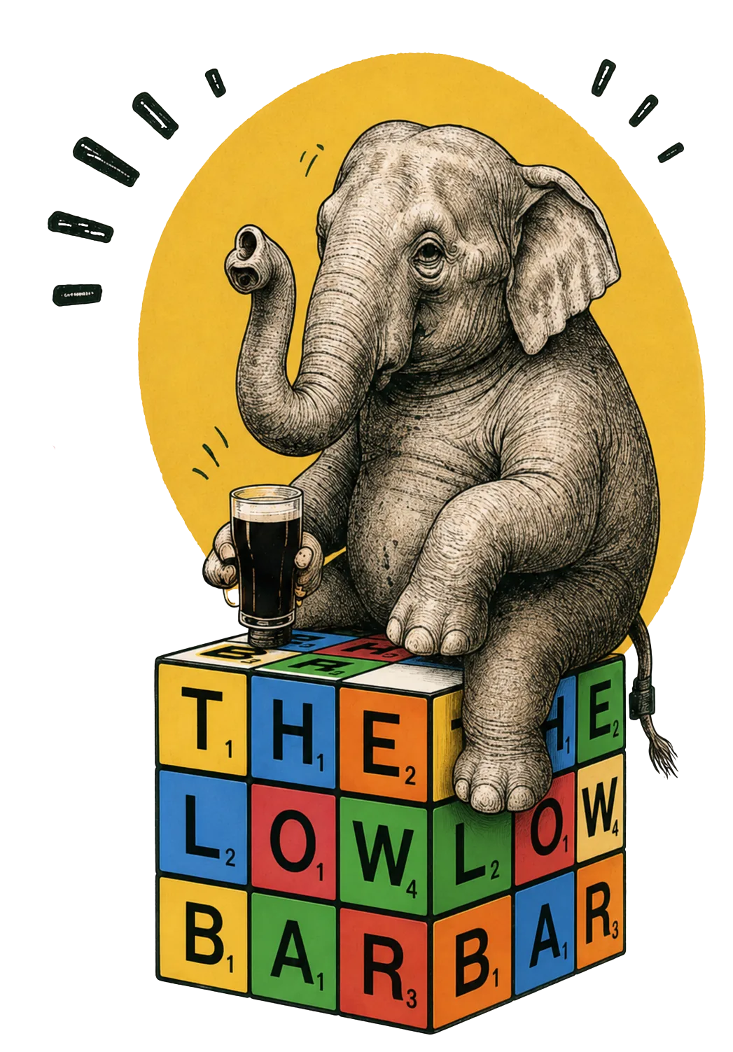 The Elephant in the Room mascot sitting on the Low Bar cube