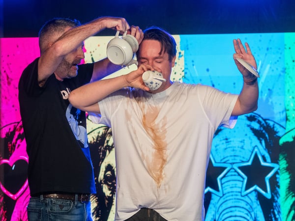 The hosts spill tea during a comedy performance at the Royal Vauxhall Tavern.