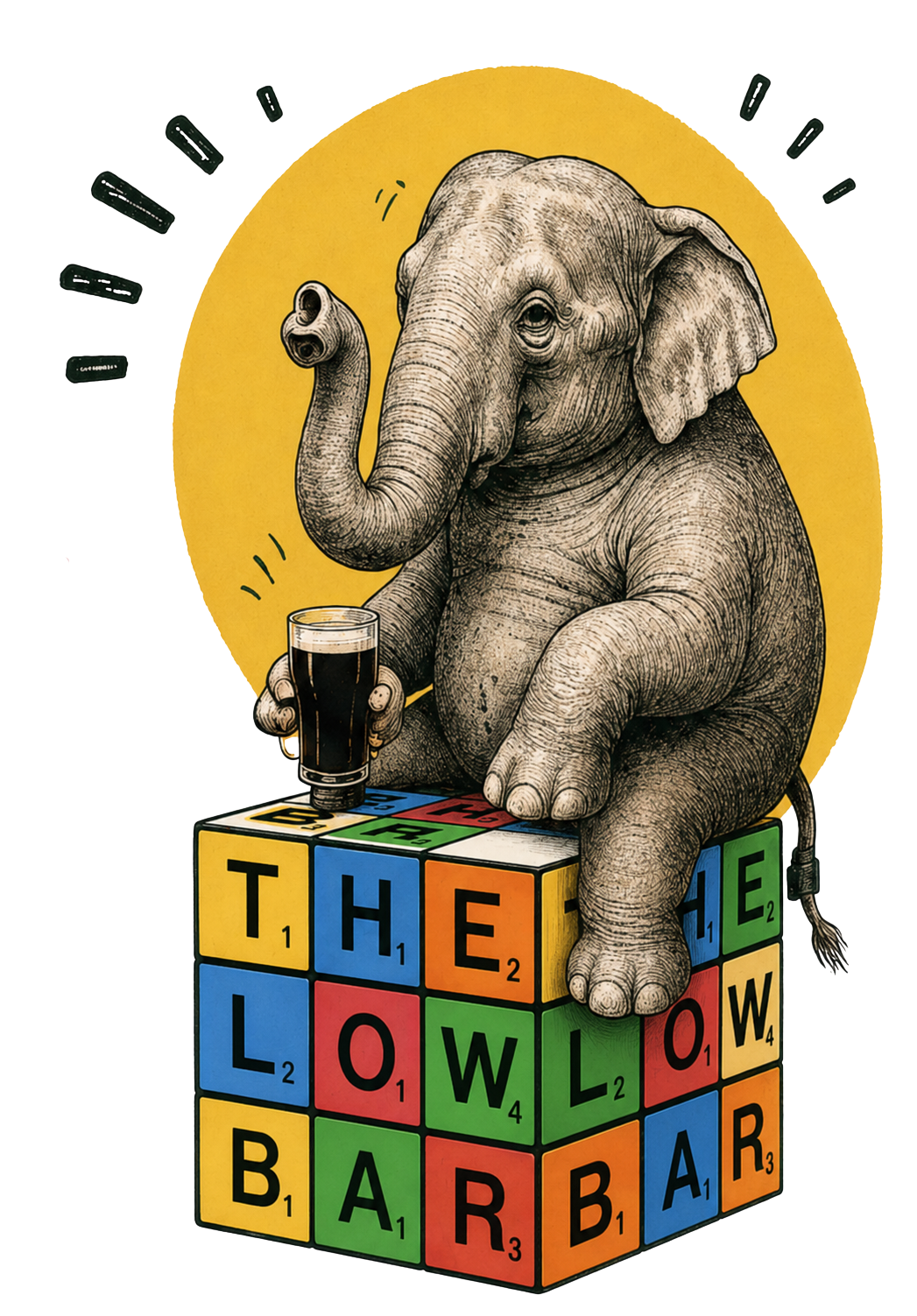 The Low Bar elephant mascot sitting on the colourful Low Bar cube